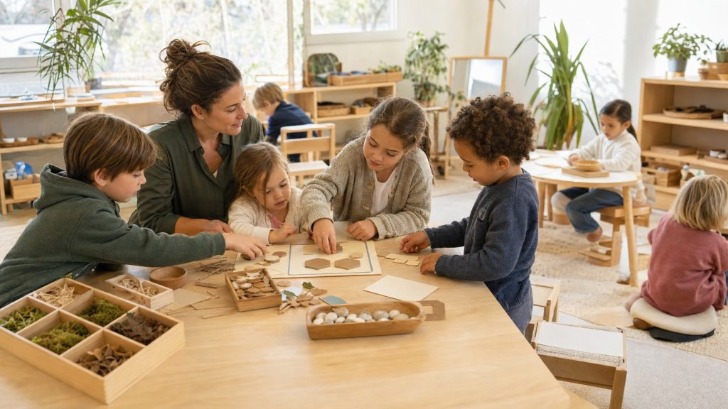 Classe multiâge lumineuse où une enseignante accompagne des enfants d’âges différents dans une activité collaborative et autonome autour d’une table.