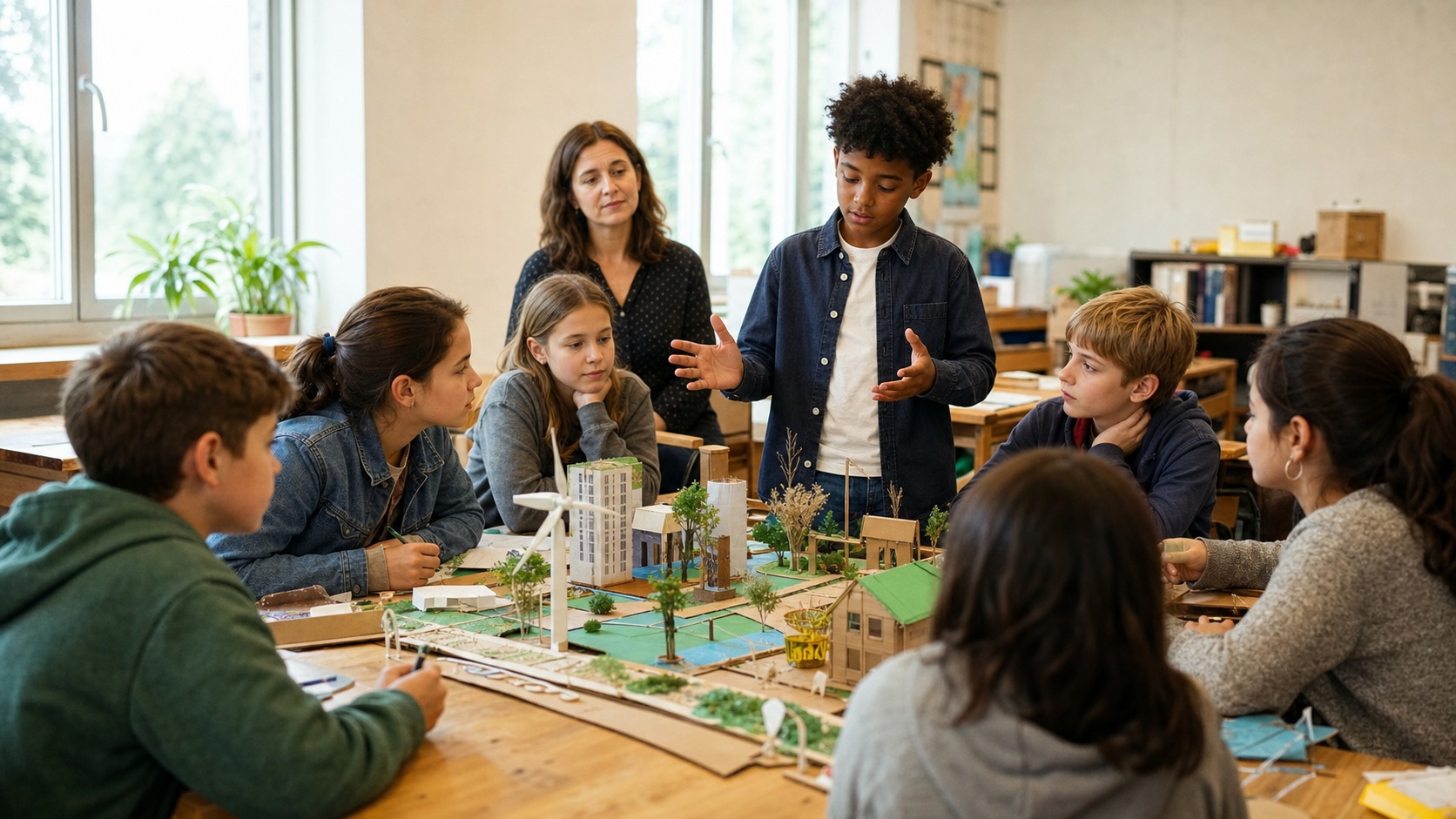 Élèves réunis autour d’une maquette de ville durable dans une salle de classe, présentant un projet collaboratif sous le regard de leur enseignante.