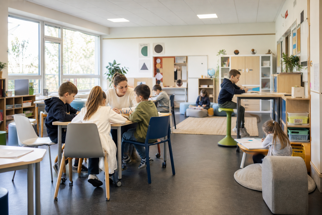 Des élèves travaillent dans une classe flexible organisée en espaces modulables.