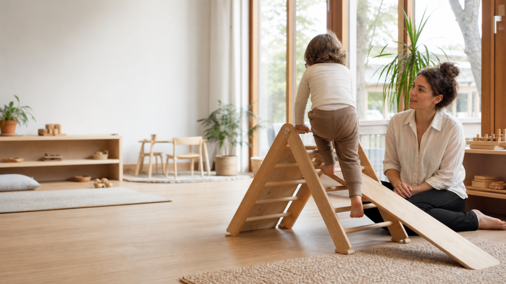 Classe de petite enfance aménagée selon la pédagogie Pikler, avec un enfant explorant librement un triangle d’escalade en bois tandis qu’une éducatrice l’observe avec attention dans un environnement calme et naturel