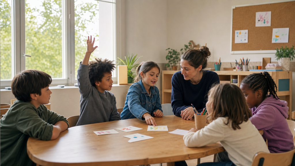 Enfants et éducatrice réunis en cercle dans une classe lumineuse, échangeant autour de règles communes dans un cadre d’éducation démocratique.