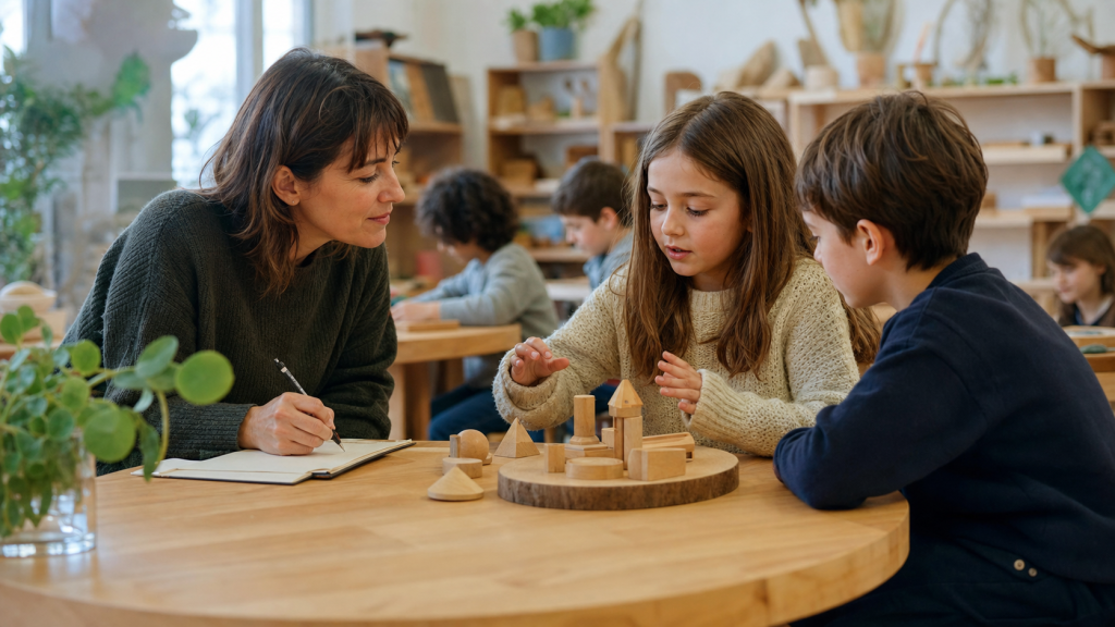 Enseignante échangeant avec deux enfants autour d’un projet manuel dans une classe d’école alternative lumineuse, illustrant une évaluation sans notes fondée sur l’observation et le dialogue.