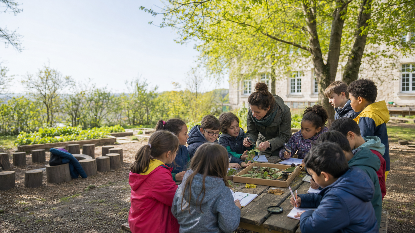 Élèves de primaire avec leur enseignante observant des feuilles et des éléments naturels autour d’une table en bois dans un jardin d’école en plein air.