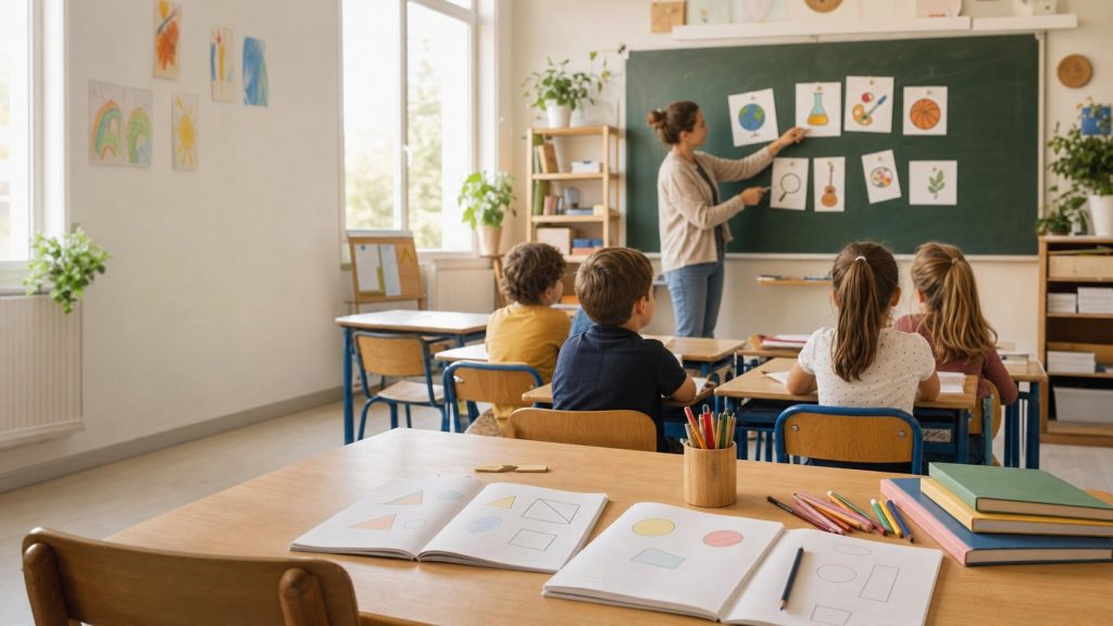 Salle de classe primaire française lumineuse avec des élèves de CE2, une enseignante et du matériel scolaire.