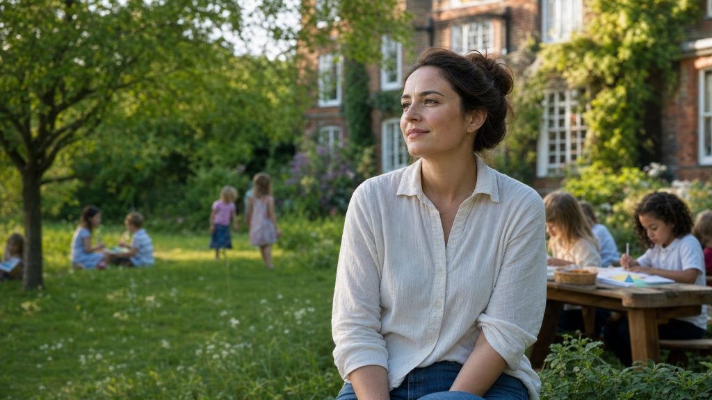 Ancienne élève adulte dans le jardin d’une école alternative britannique, avec des enfants qui apprennent et jouent librement en arrière-plan