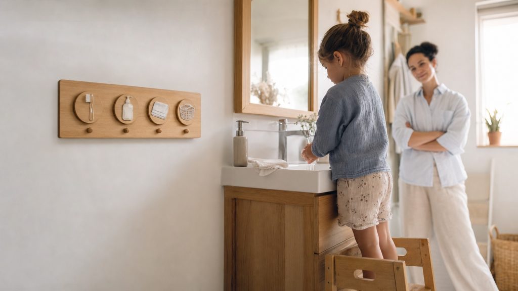 Enfant se lavant les mains dans une salle de bain lumineuse, accompagné avec bienveillance par un parent, près d’un tableau de propreté Montessori en bois à pictogrammes.