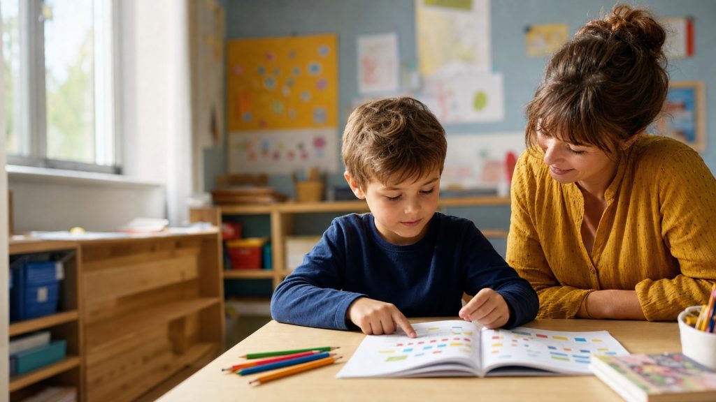 Enfant de CP accompagné par son enseignante pendant un exercice de lecture dans une salle de classe lumineuse