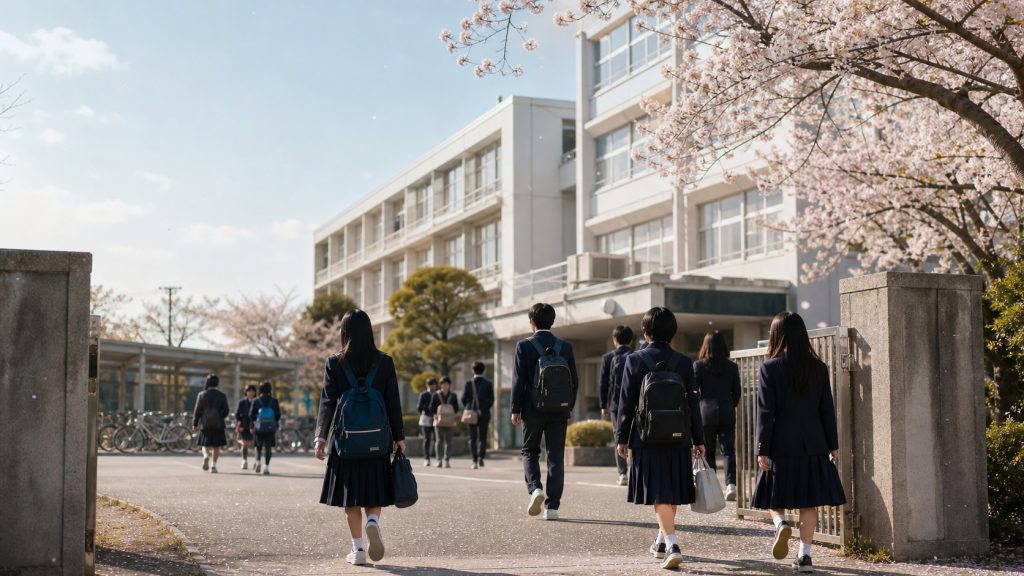 Élèves japonais en uniforme entrant dans leur collège au printemps, sous des cerisiers en fleurs