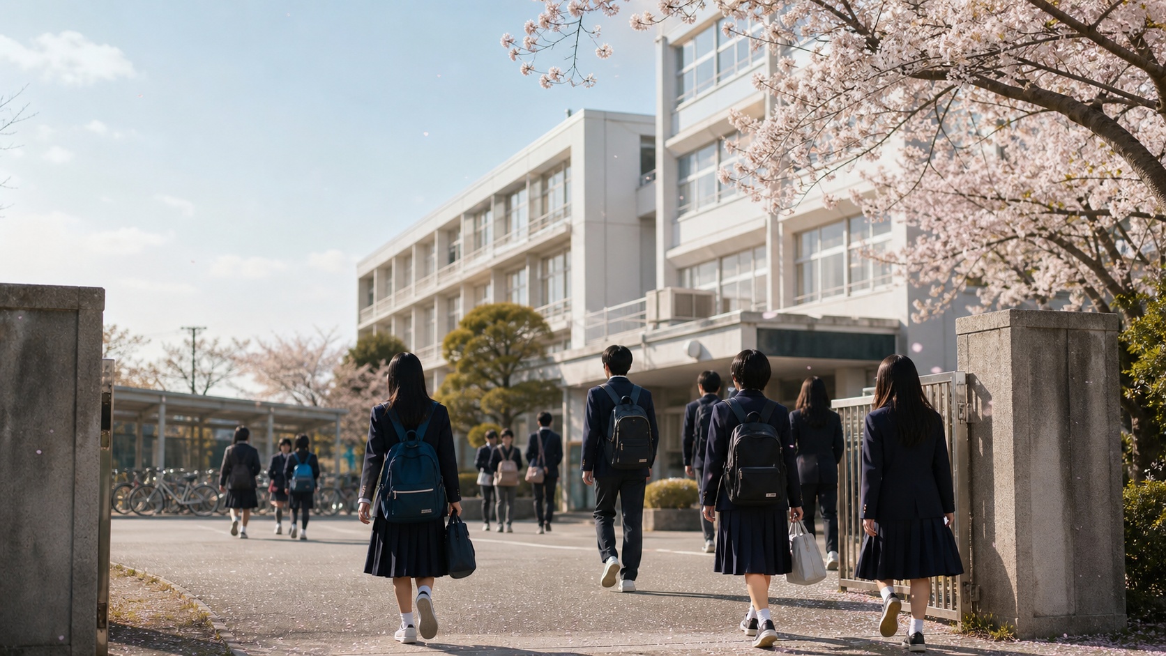 Élèves japonais en uniforme entrant dans leur collège au printemps, sous des cerisiers en fleurs