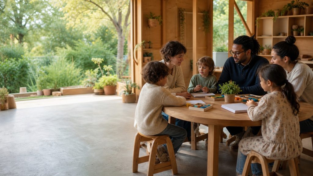 Parents, enseignante et enfants réunis autour d’une table dans une école alternative lumineuse ouverte sur un jardin, illustrant la coéducation école-famille.