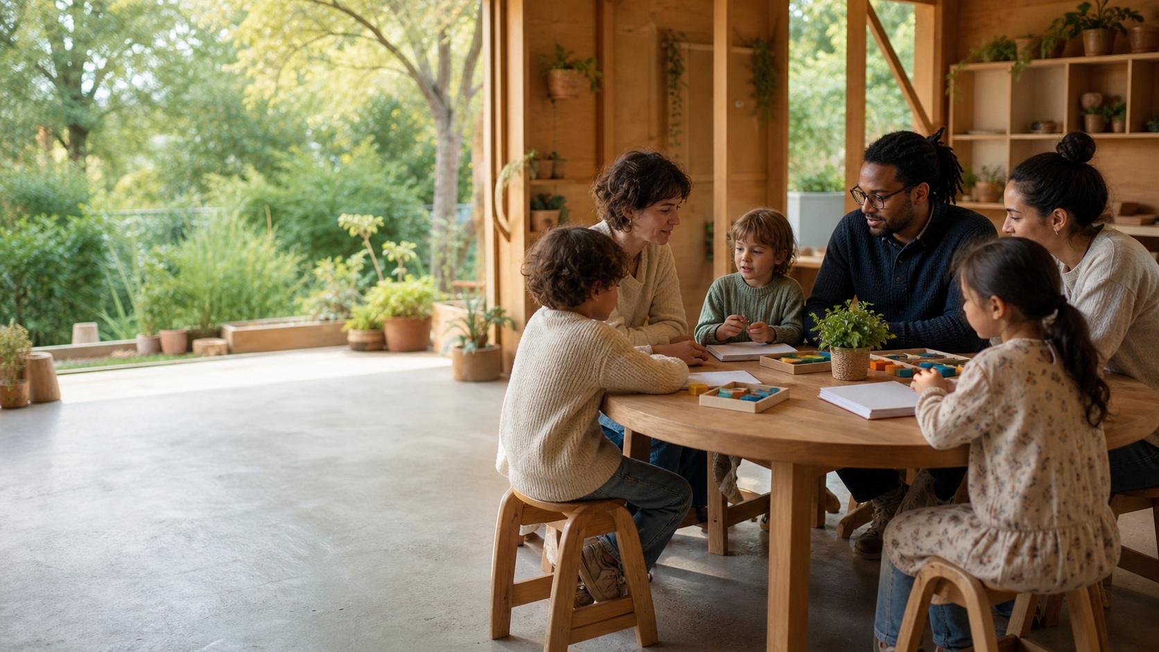 Parents, enseignante et enfants réunis autour d’une table dans une école alternative lumineuse ouverte sur un jardin, illustrant la coéducation école-famille.