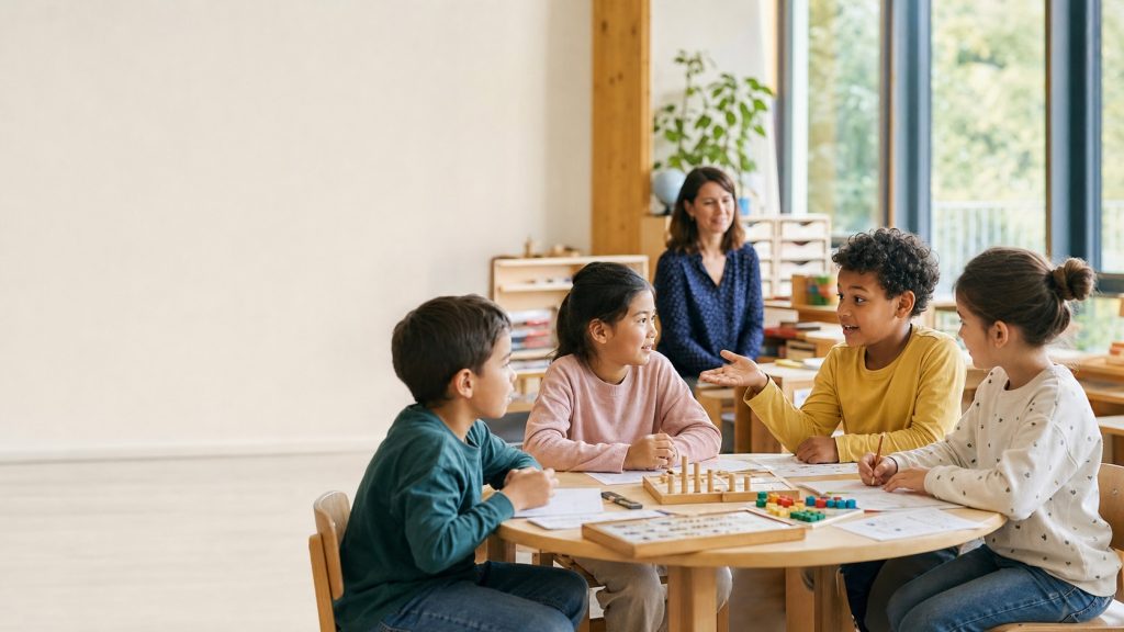 Élèves d’école primaire coopérant autour d’une activité de groupe en classe, sous le regard bienveillant de leur enseignante.