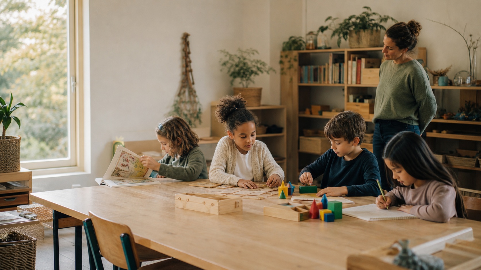 Enfants travaillant autour d’une table en bois dans une classe alternative lumineuse, sous le regard d’une enseignante.