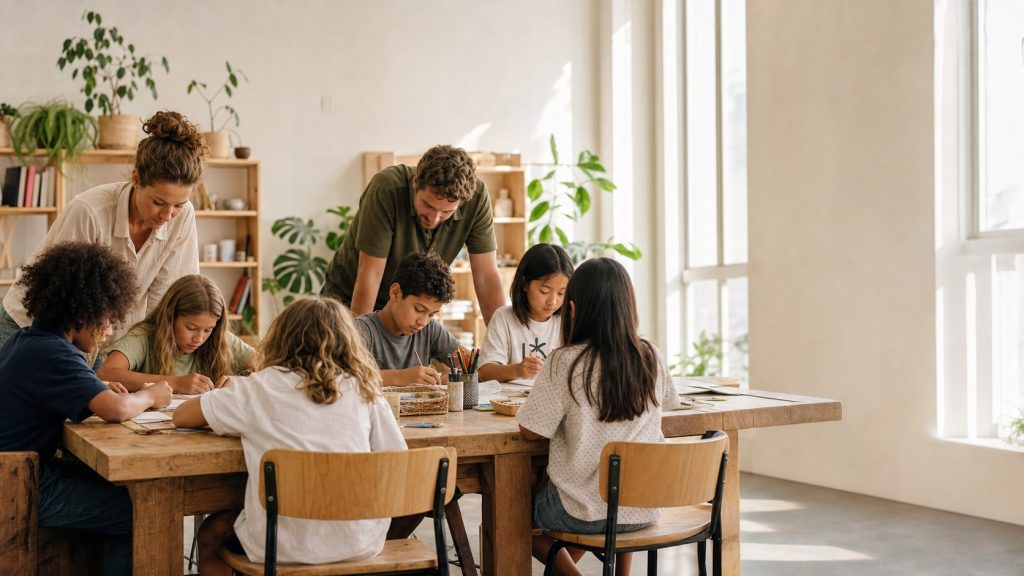 Enfants accompagnés par deux adultes dans une salle de classe lumineuse et collaborative d’une école démocratique.
