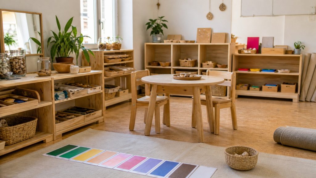 Classe lumineuse inspirée de Montessori, aménagée à petit budget avec étagères basses en bois, paniers, tapis et matériel pédagogique simple.