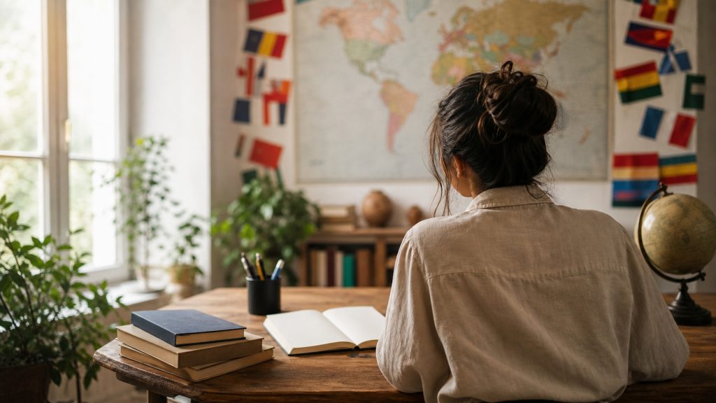 Apprenant francophone dans un espace d’étude lumineux, entouré d’un globe et de livres vierges, évoquant la découverte des langues étrangères faciles à apprendre.