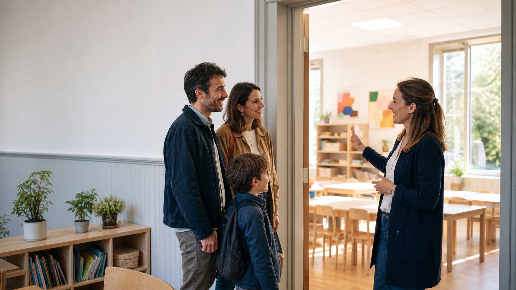Parents et leur enfant en visite guidée dans une école privée lumineuse, accueillis par une enseignante devant une salle de classe.
