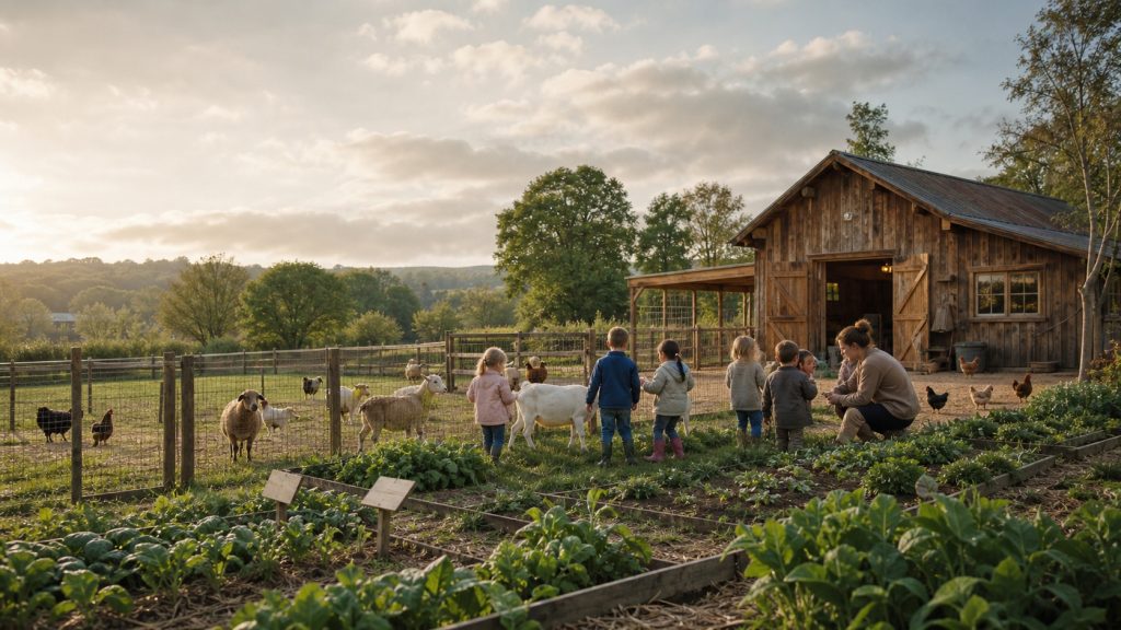 Ferme pédagogique avec enfants, animatrice, chèvres, moutons, poules et potager au premier plan