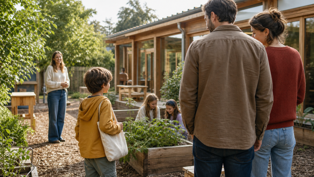 Famille accompagnant un enfant lors de son arrivée dans une école alternative avec jardin potager et éducatrice accueillante