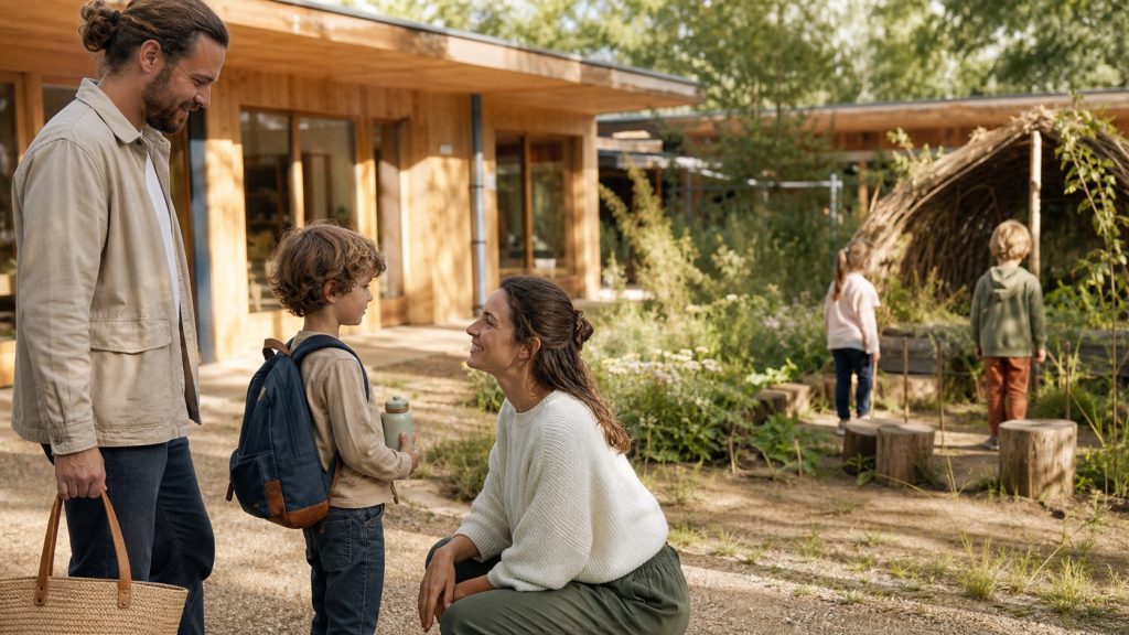 Rentrée progressive dans une école alternative écologique : un enfant arrive avec son parent et échange avec une enseignante dans une cour végétalisée en bois.
