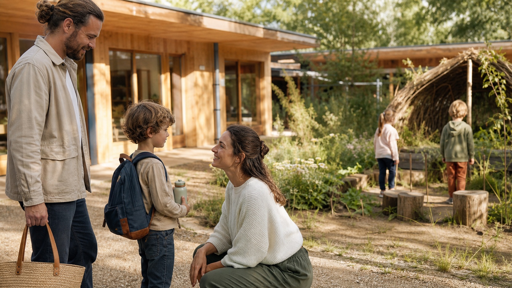 Rentrée progressive dans une école alternative écologique : un enfant arrive avec son parent et échange avec une enseignante dans une cour végétalisée en bois.