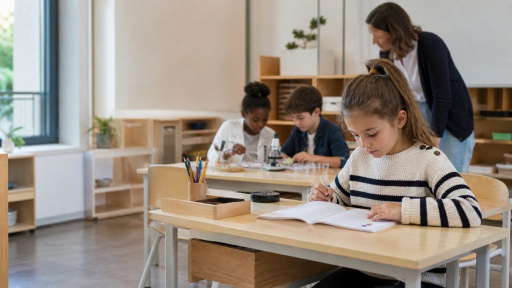 Classe primaire moderne illustrant le plan Dalton, avec des élèves travaillant de façon autonome et collaborative sous l’accompagnement d’une enseignante.